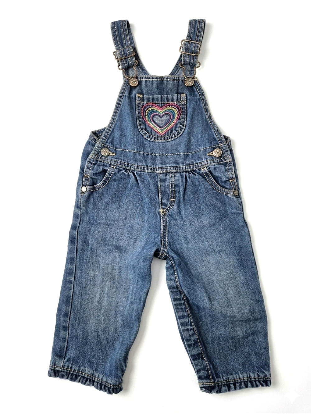 VTG Y2K OshKosh B'gosh 12M Rainbow Heart Embroidered Ruffled Overalls Vestbak